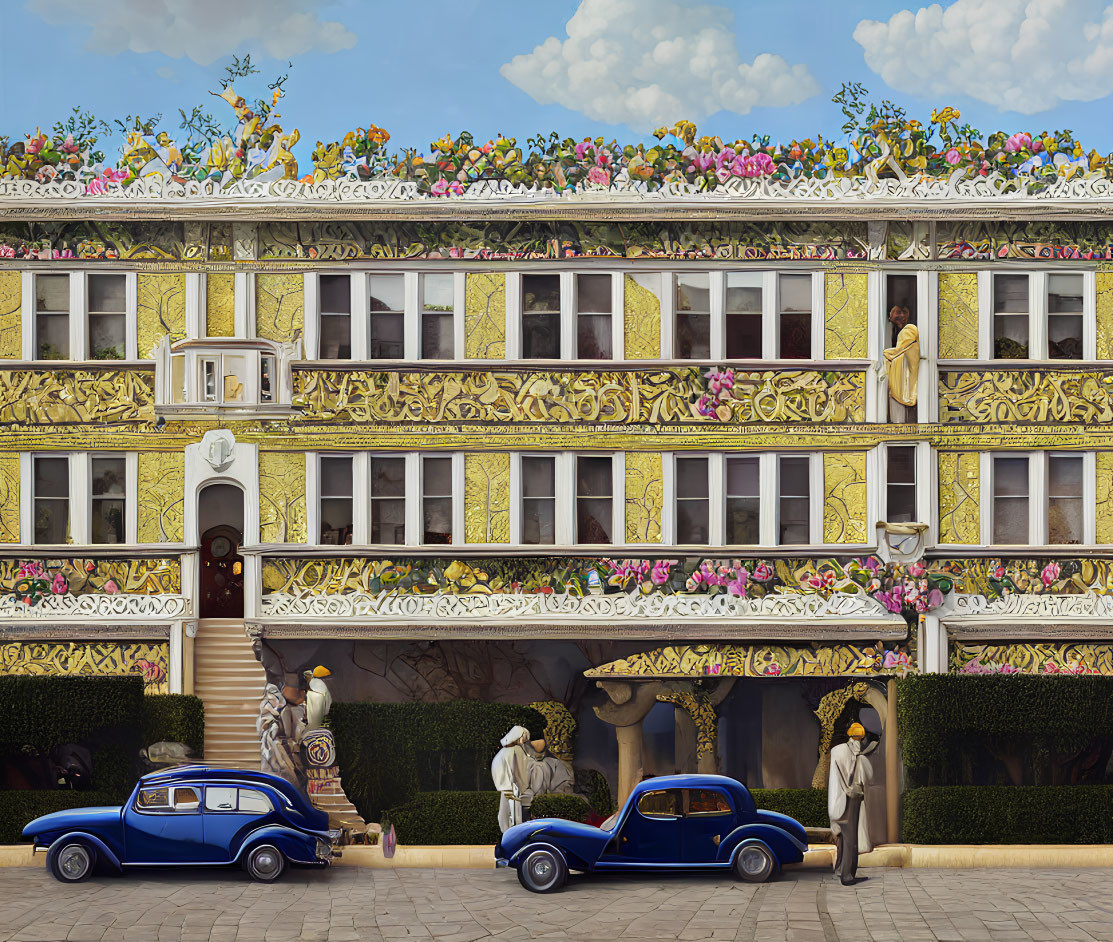Detailed illustration of ornate building with floral patterns, balconies, vintage clothing, and cars.