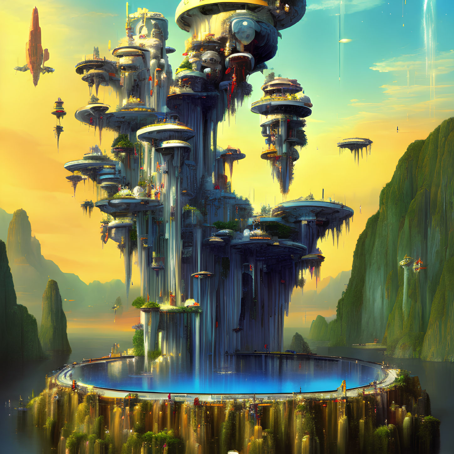 Futuristic cityscape with towering structures and waterfalls by serene lake