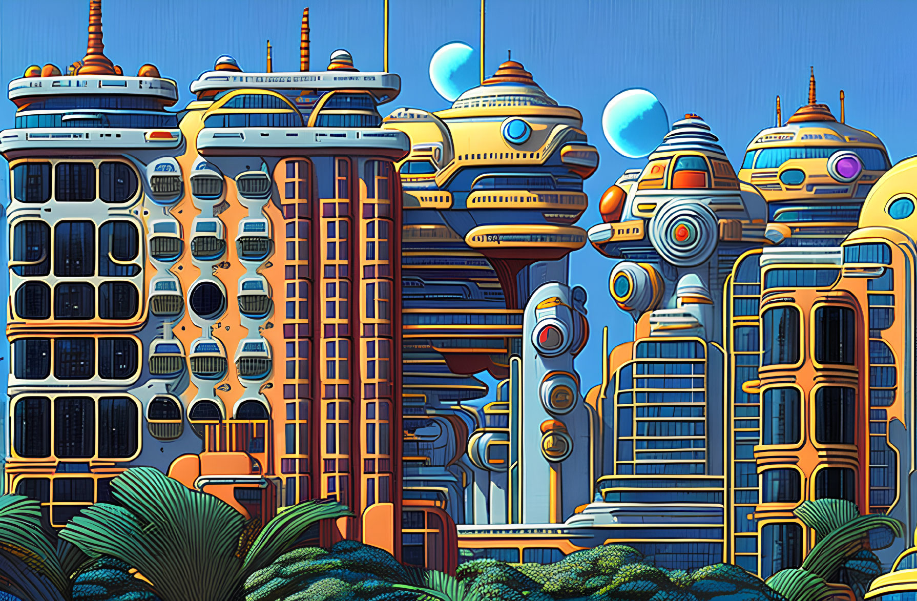 Futuristic cityscape with stylized skyscrapers and domes under blue sky