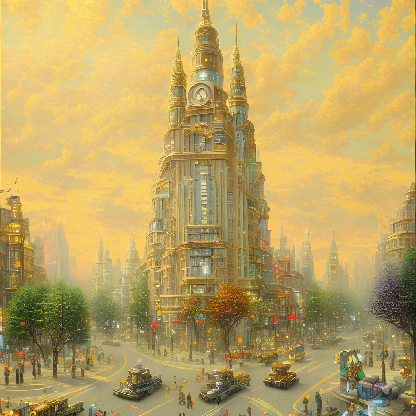 Ornate clock tower in sunlit cityscape with vintage vehicles and pedestrians