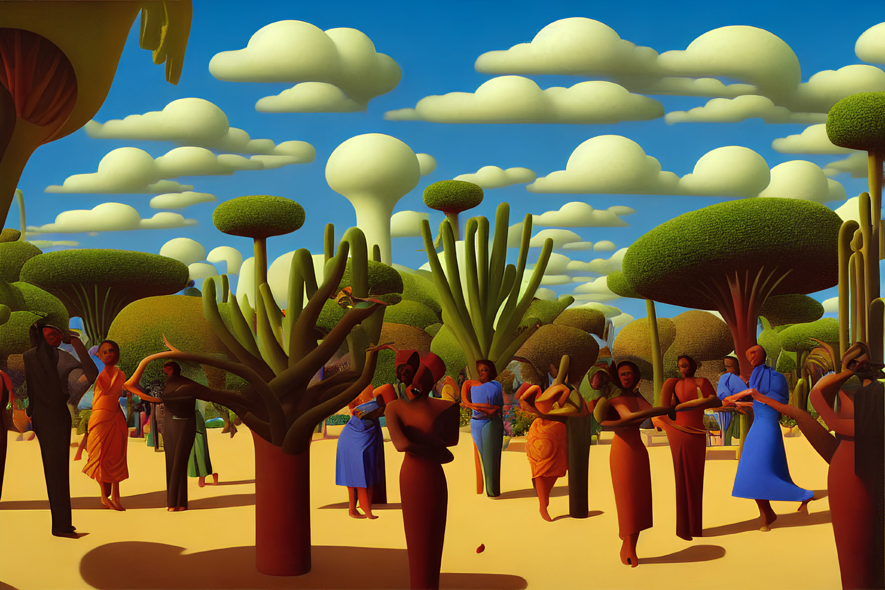 Colorful surreal landscape with stylized trees, clouds, and people in vibrant attire.