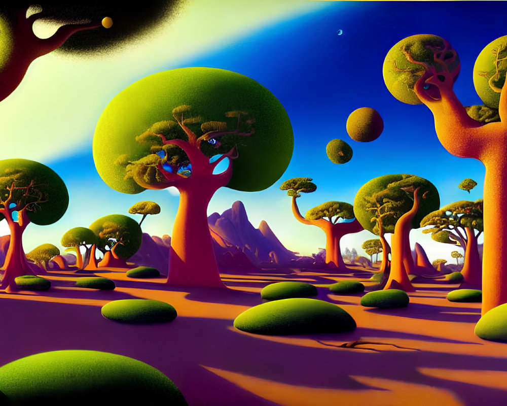 Colorful surreal landscape with oversized trees, floating rocks, and crescent moon