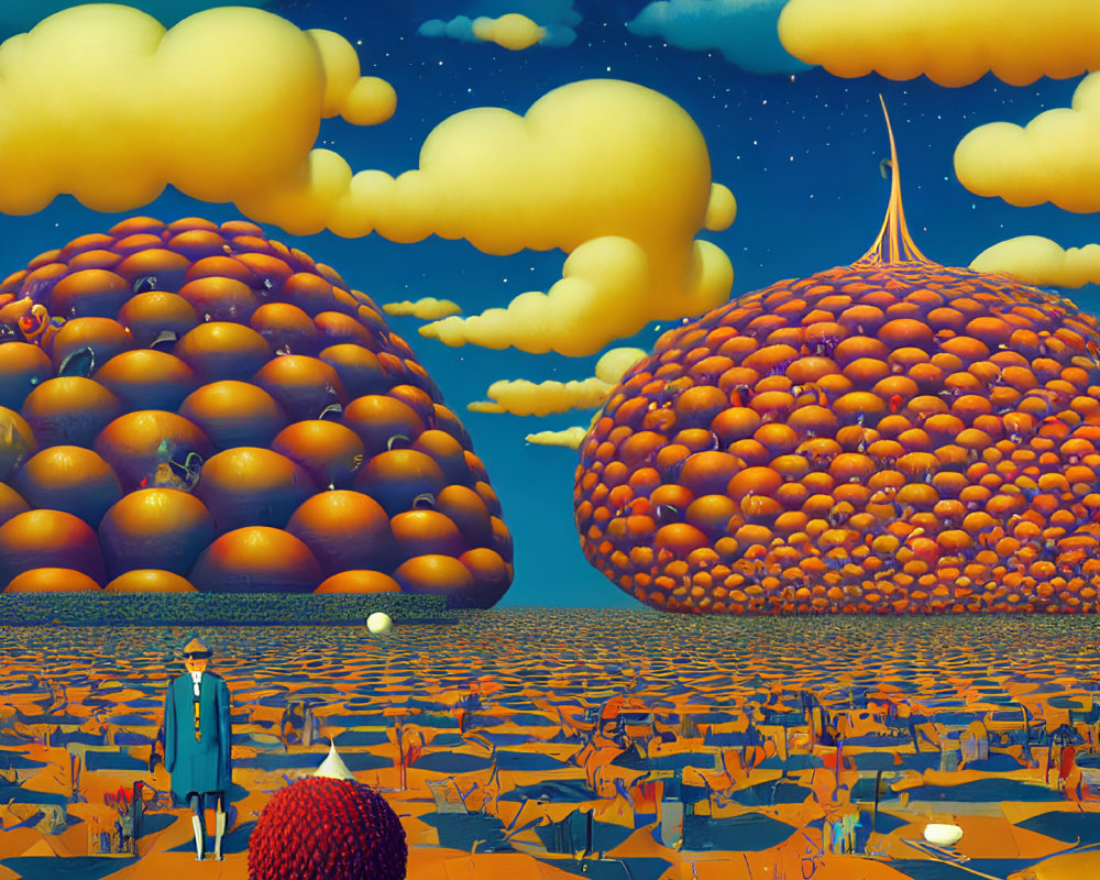 Man in trench coat in surreal landscape with colorful tree and dome-shaped structures