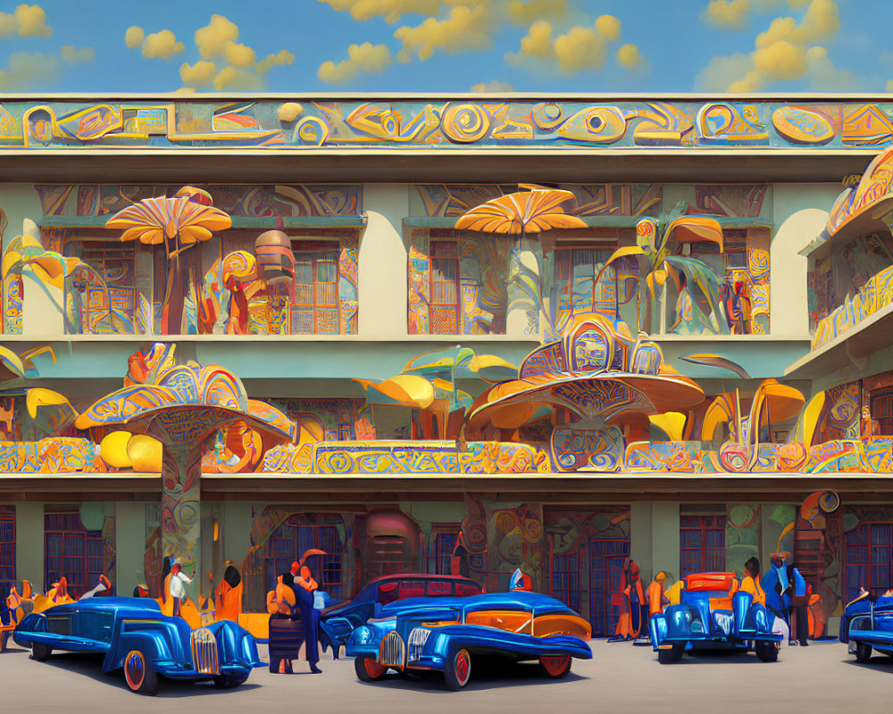Colorful retro-futuristic scene with stylized figures and classic cars in front of ornate building