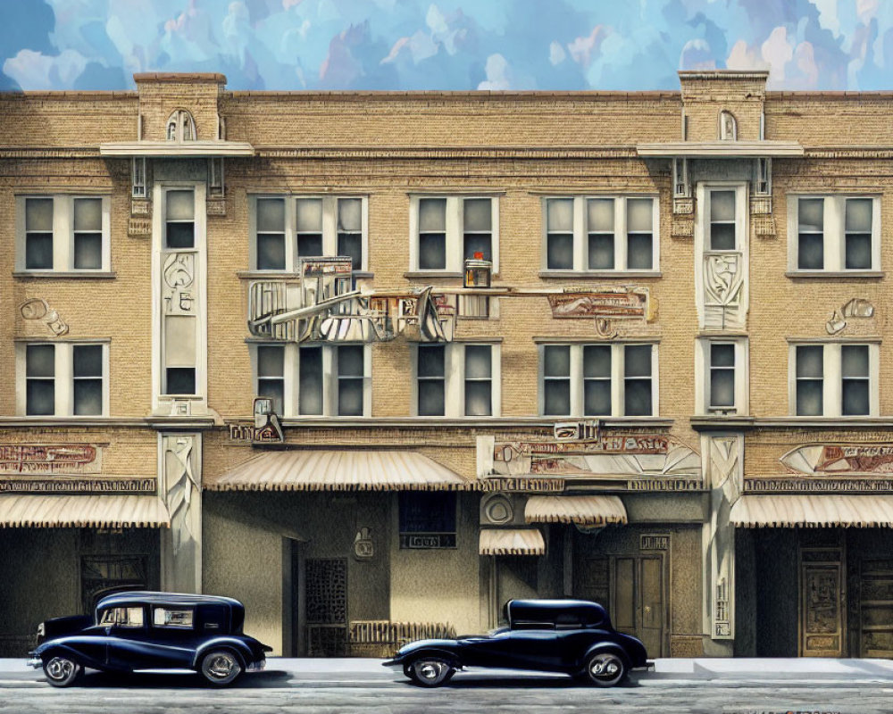 Detailed Vintage Street Scene with Classic Cars and Ornate Buildings