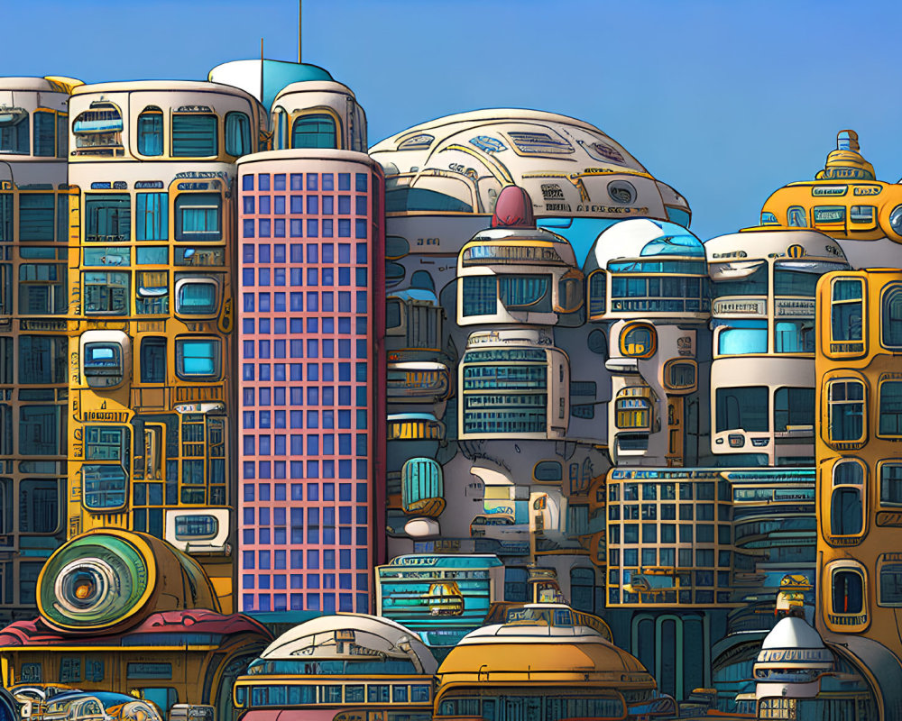 Vibrant futuristic cityscape with diverse architectural styles