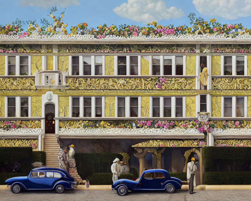 Detailed illustration of ornate building with floral patterns, balconies, vintage clothing, and cars.