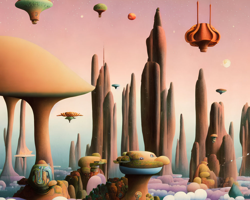 Surreal landscape with towering mushroom-like formations and flying alien vessels