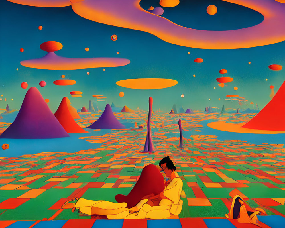 Couple relaxing on colorful checkered ground with surreal orange shapes and mountains in dreamlike landscape under vibrant