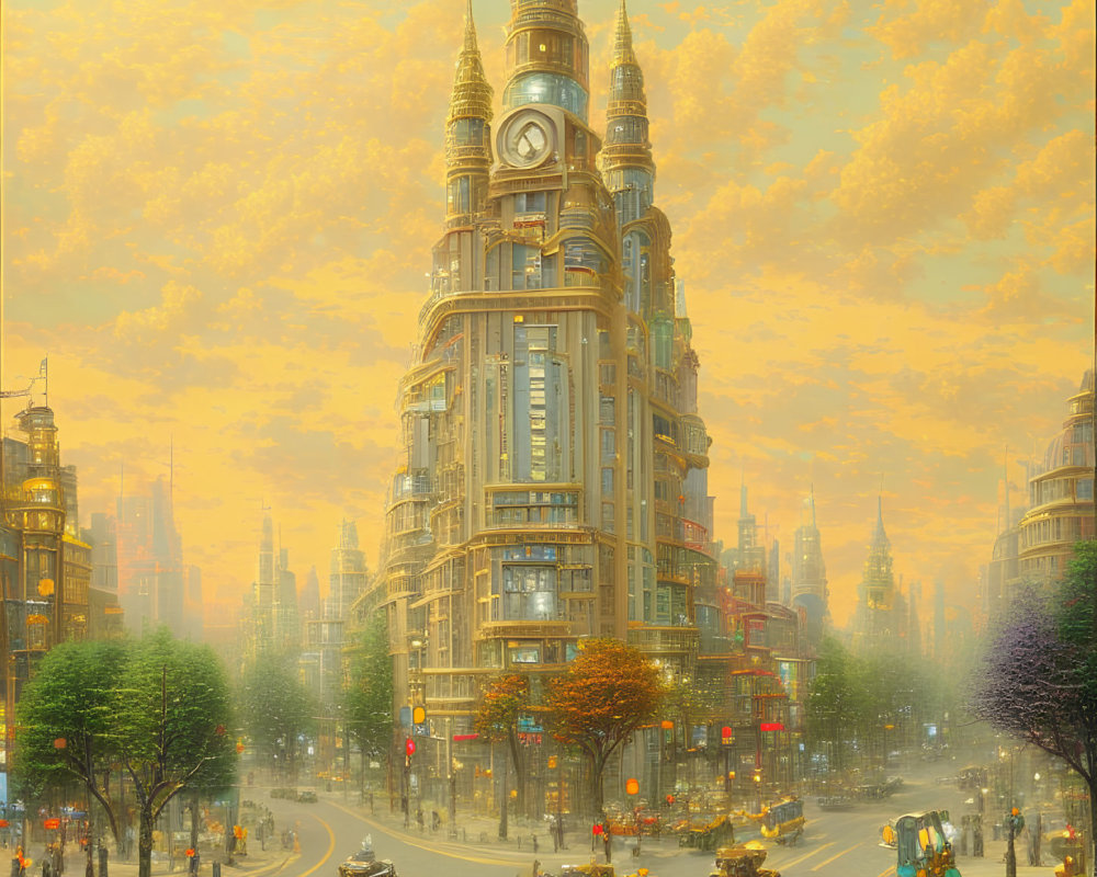 Ornate clock tower in sunlit cityscape with vintage vehicles and pedestrians