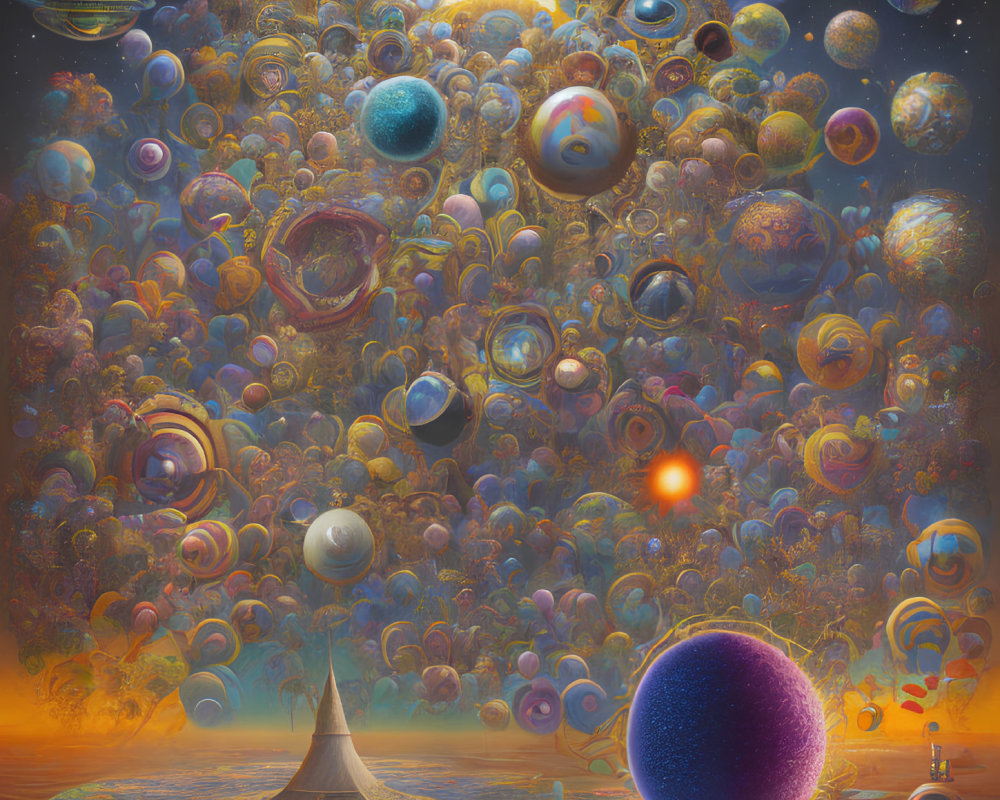 Colorful cosmic scene with planets and celestial bodies above futuristic structure