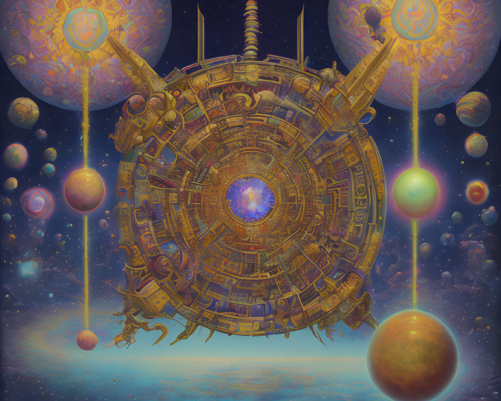 Ornate circular spaceship in cosmic scene with celestial orbs and starry backdrop