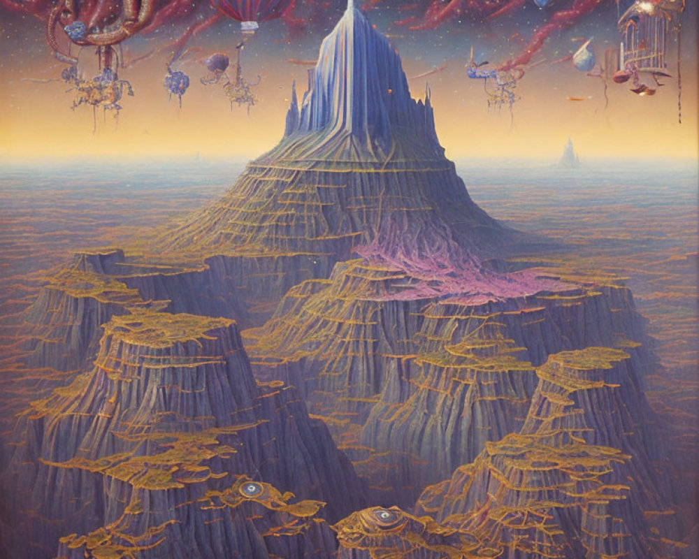 Fantastical landscape with towering mountain and flying ships
