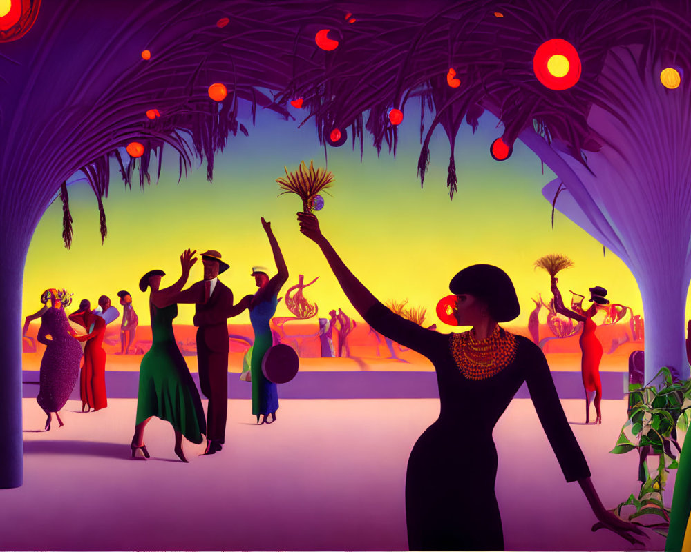 Colorful Illustration of Festive Outdoor Gathering with Elegantly Dressed People Dancing