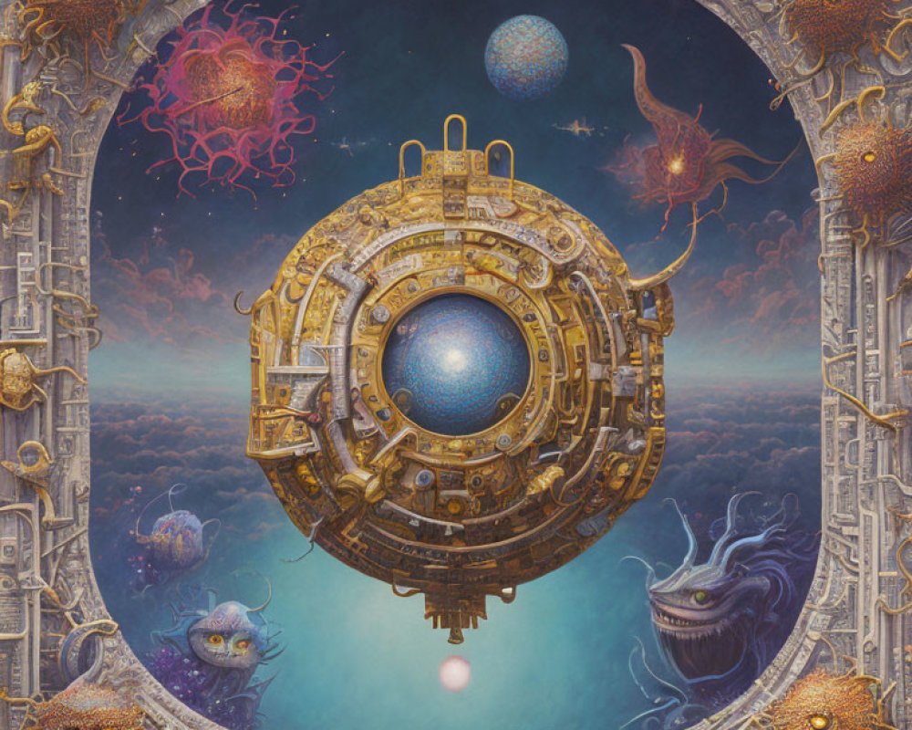 Surreal artwork of golden orb with fantastical creatures in celestial frame