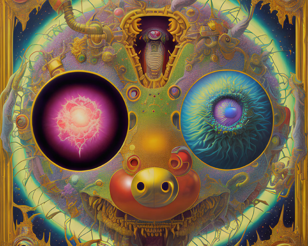 Psychedelic artwork with ornate golden frame, clown nose, eye, star, and serp