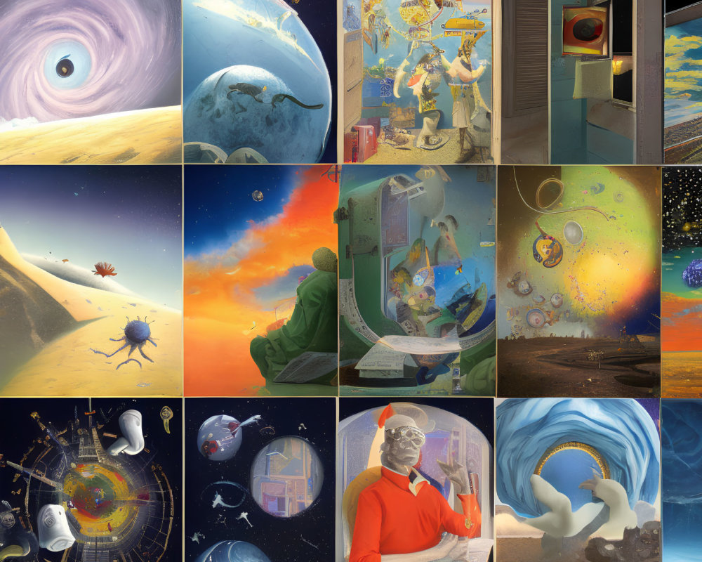 Colorful Collage of Whimsical Space and Scientific Themes