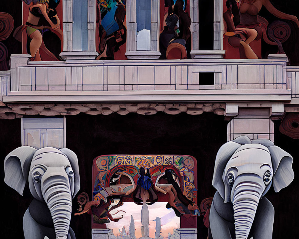 Surreal painting featuring elephants, classical building, tiny humans, and whimsical creatures.