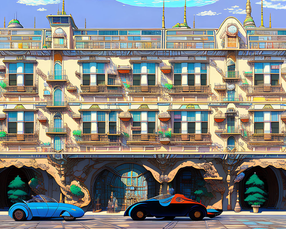 Colorful illustration: classic car outside ornate building with arches, balconies, azure skies