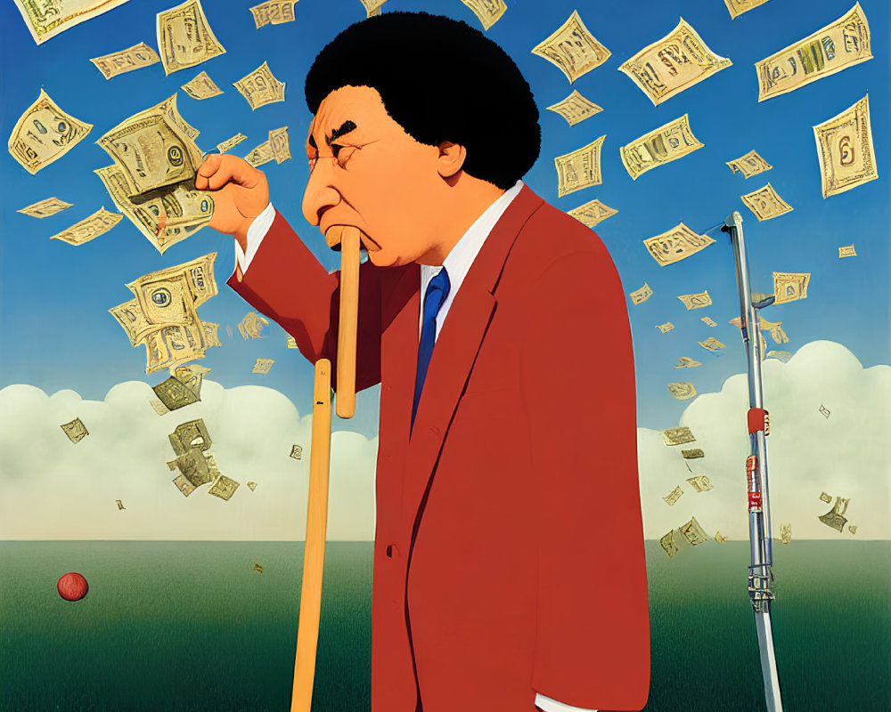Man in Red Suit Saluting with Money and Golf Club in Illustration