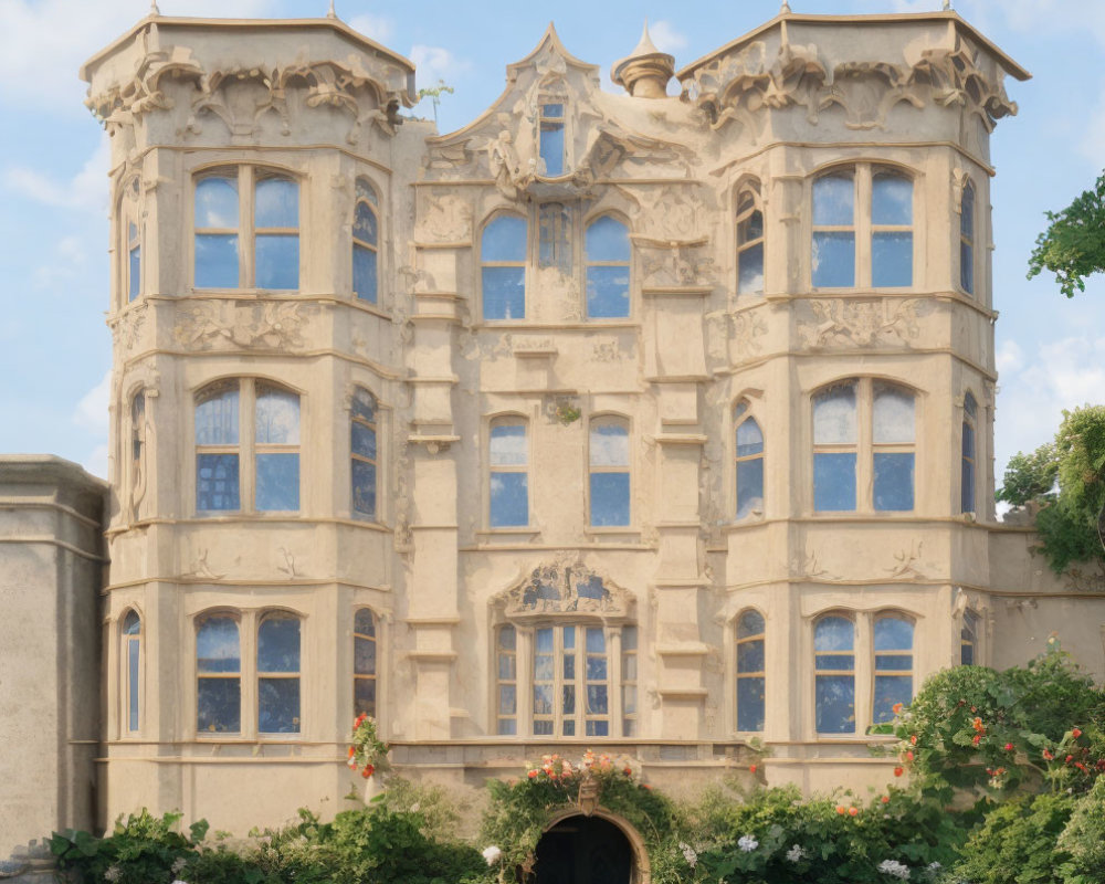 Historic sandstone building with ornate windows, balconies, and lush garden under blue sky