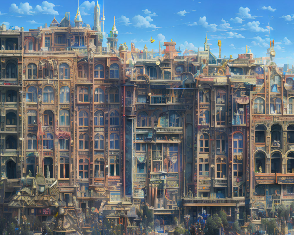 Detailed Steampunk Cityscape Drawing with Intricate Buildings