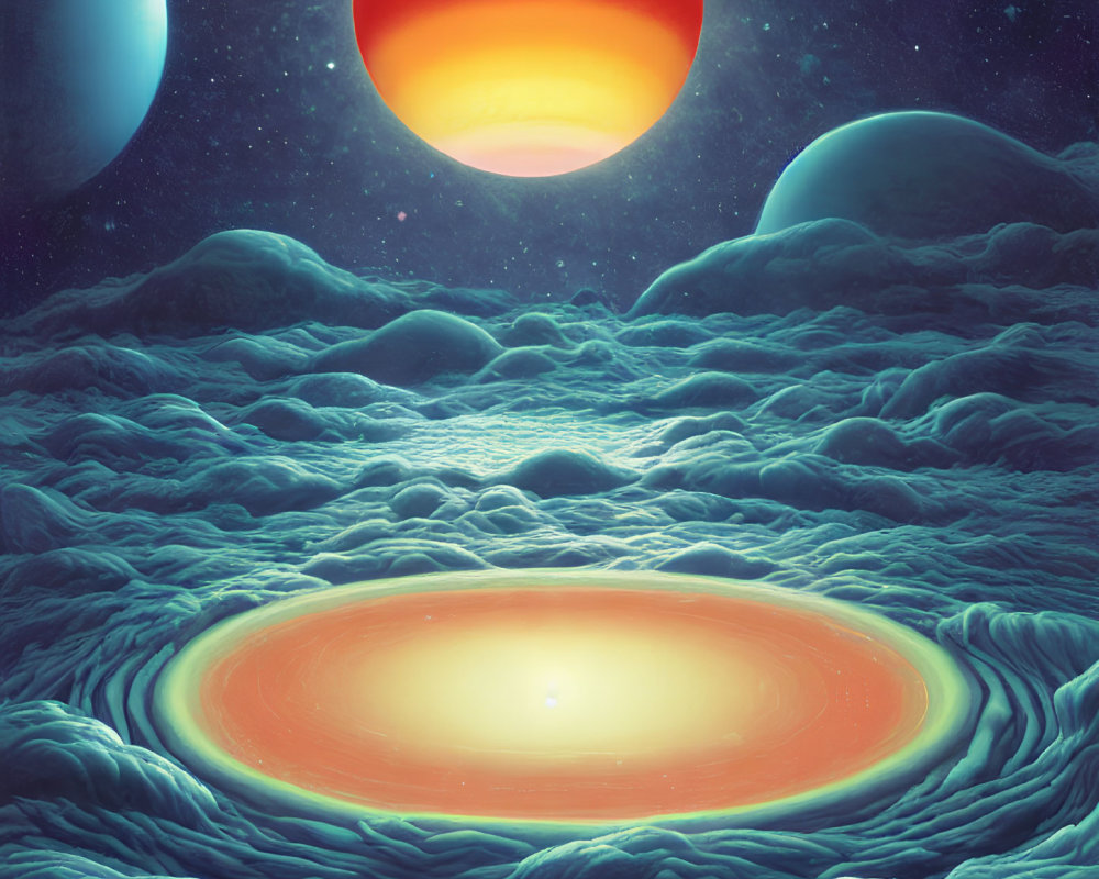 Surreal cosmic landscape with luminous ring and celestial bodies