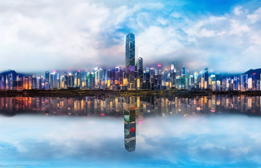 Modern city skyline reflected in water with mountains and blue sky