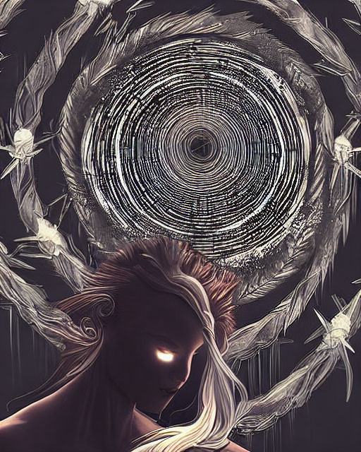 Surreal portrait of person with glowing eyes and flowing hair amid swirling patterns
