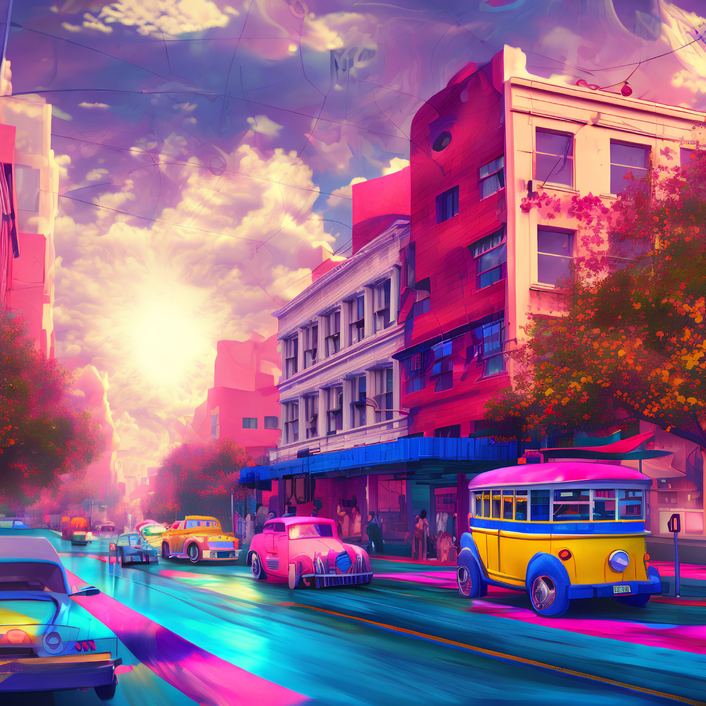 Retro-style Cars and Buses in Vibrant Street Scene