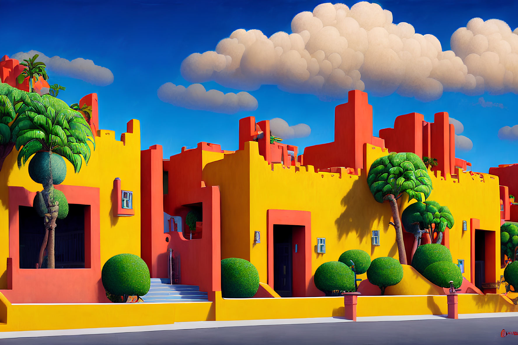 Colorful digital artwork of a sunny Southwestern adobe village with lush green topiary and whims