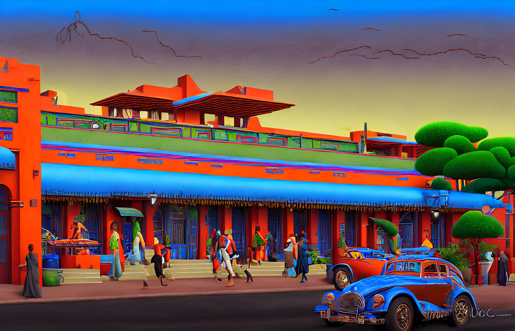Colorful street scene with people, classic car, and Southwestern buildings at twilight