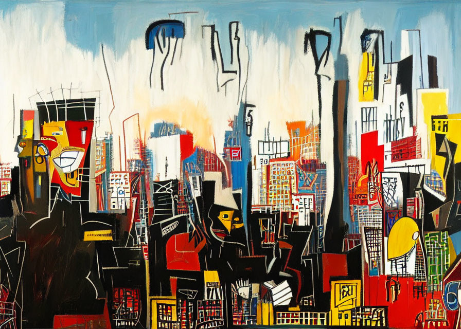 Vibrant abstract cityscape painting with bold black outlines and geometric shapes