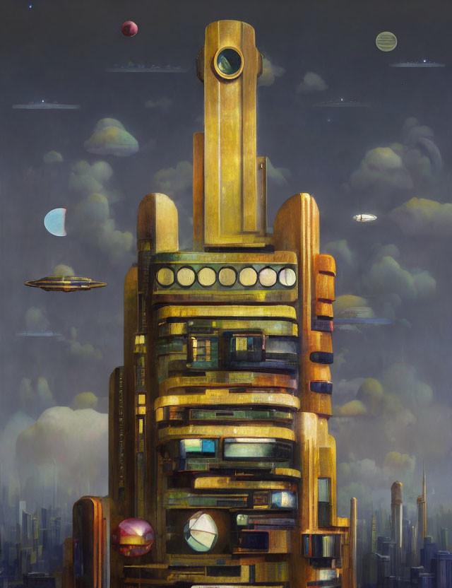 Futuristic cityscape at dusk with stylized building, flying saucers, and floating planets