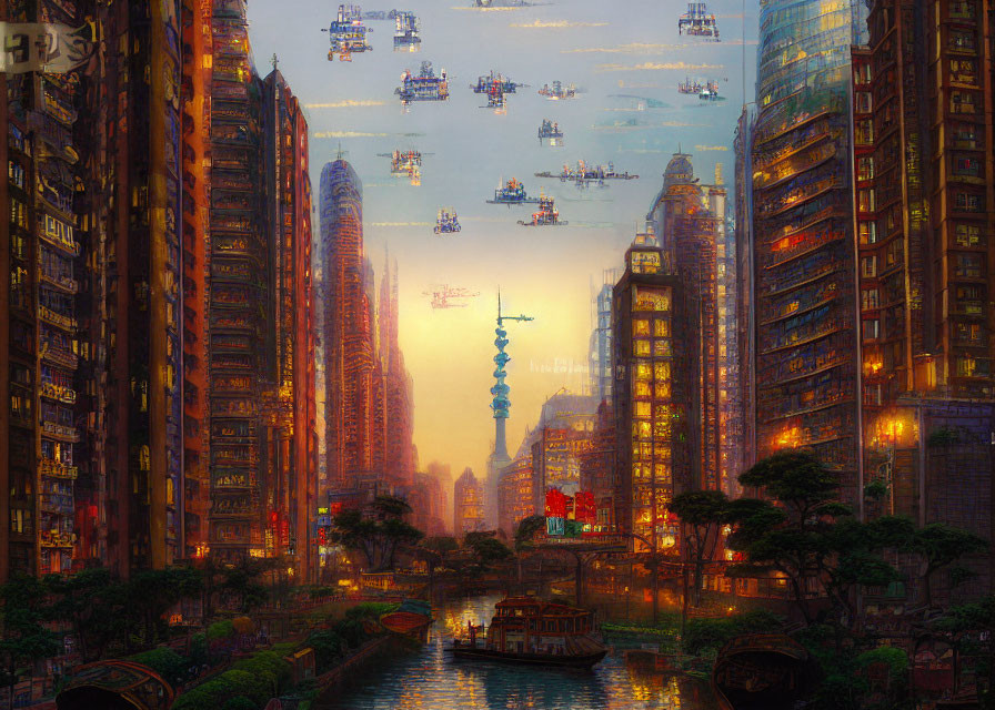 Futuristic cityscape with flying vehicles, skyscrapers, neon signs, river, and tower