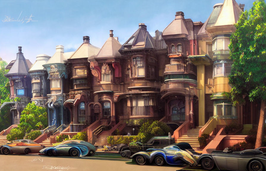 Victorian-style houses and futuristic cars in sunny day scene