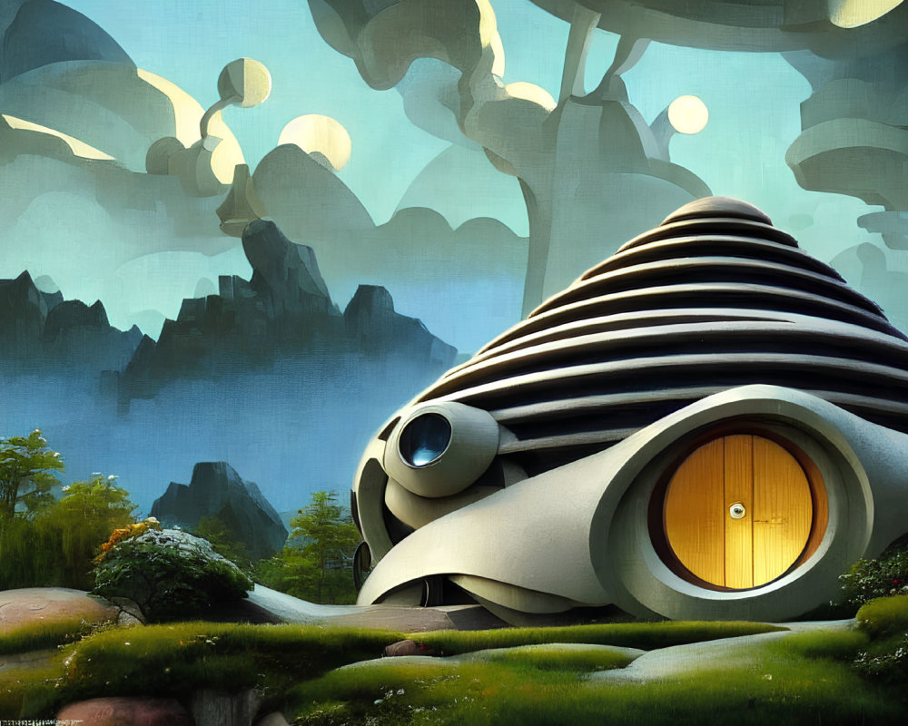 Illustration of whimsical snail-shaped house in lush landscape
