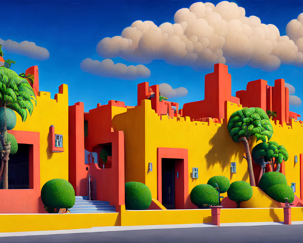 Colorful digital artwork of a sunny Southwestern adobe village with lush green topiary and whims