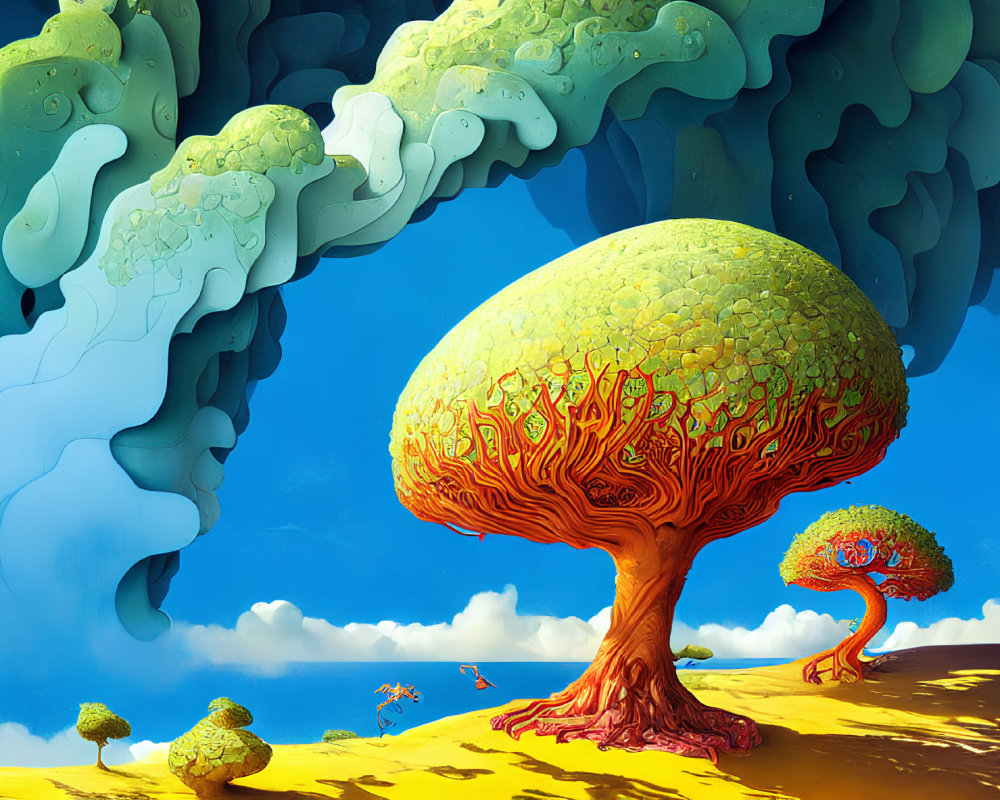 Colorful surreal landscape with tree-like entity and vibrant formations
