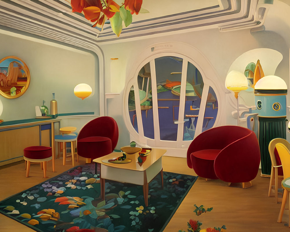 Underwater-themed room with round windows, red armchairs, unique lamps, and aquatic decor