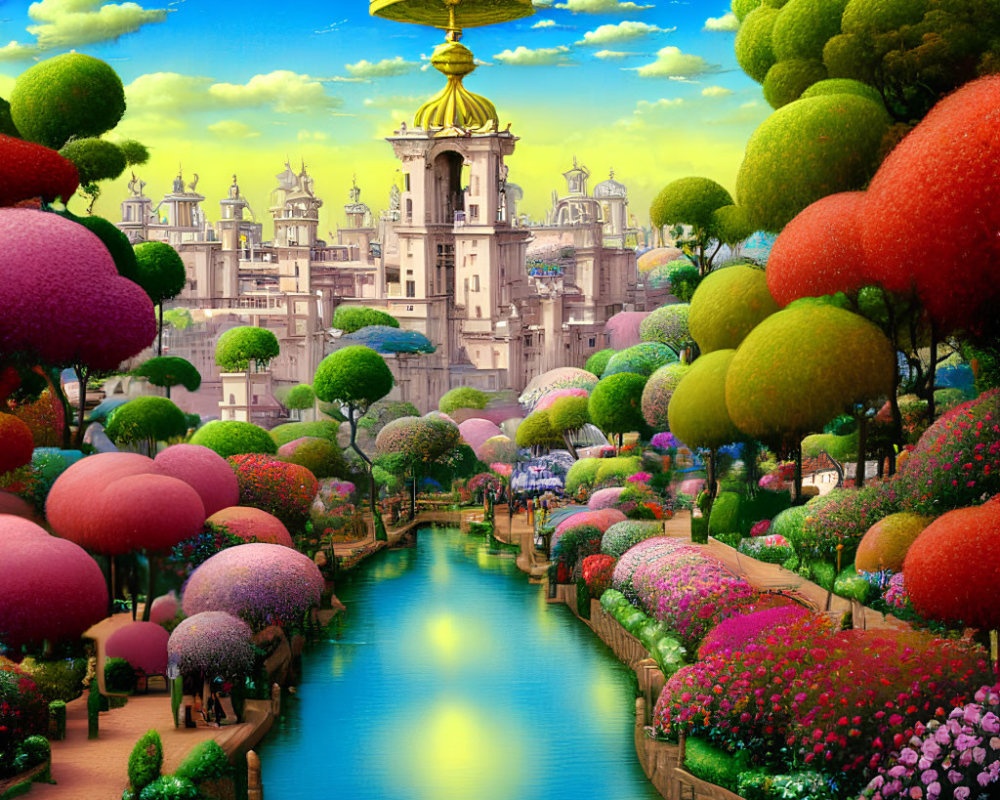Fantastical landscape with palace, colorful trees, river, and flowers