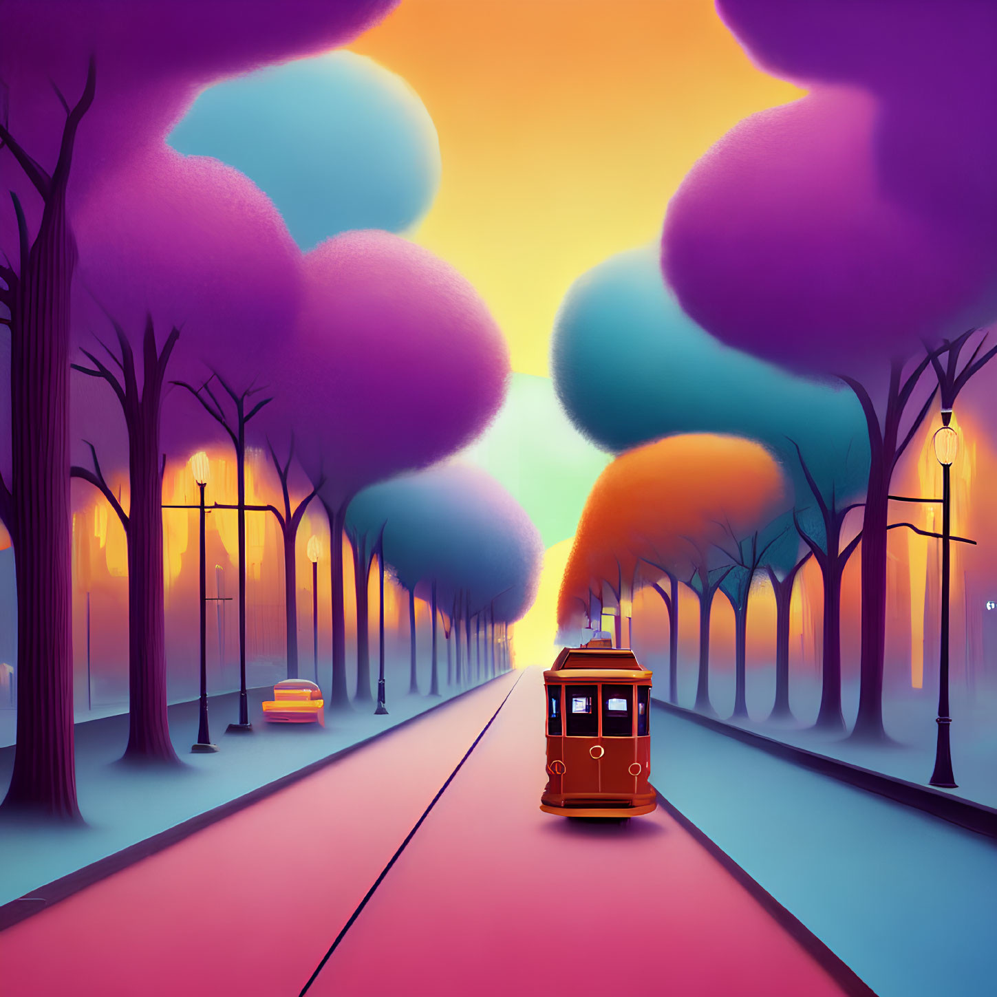 Colorful vintage tram illustration with whimsical trees and vibrant sunset sky.