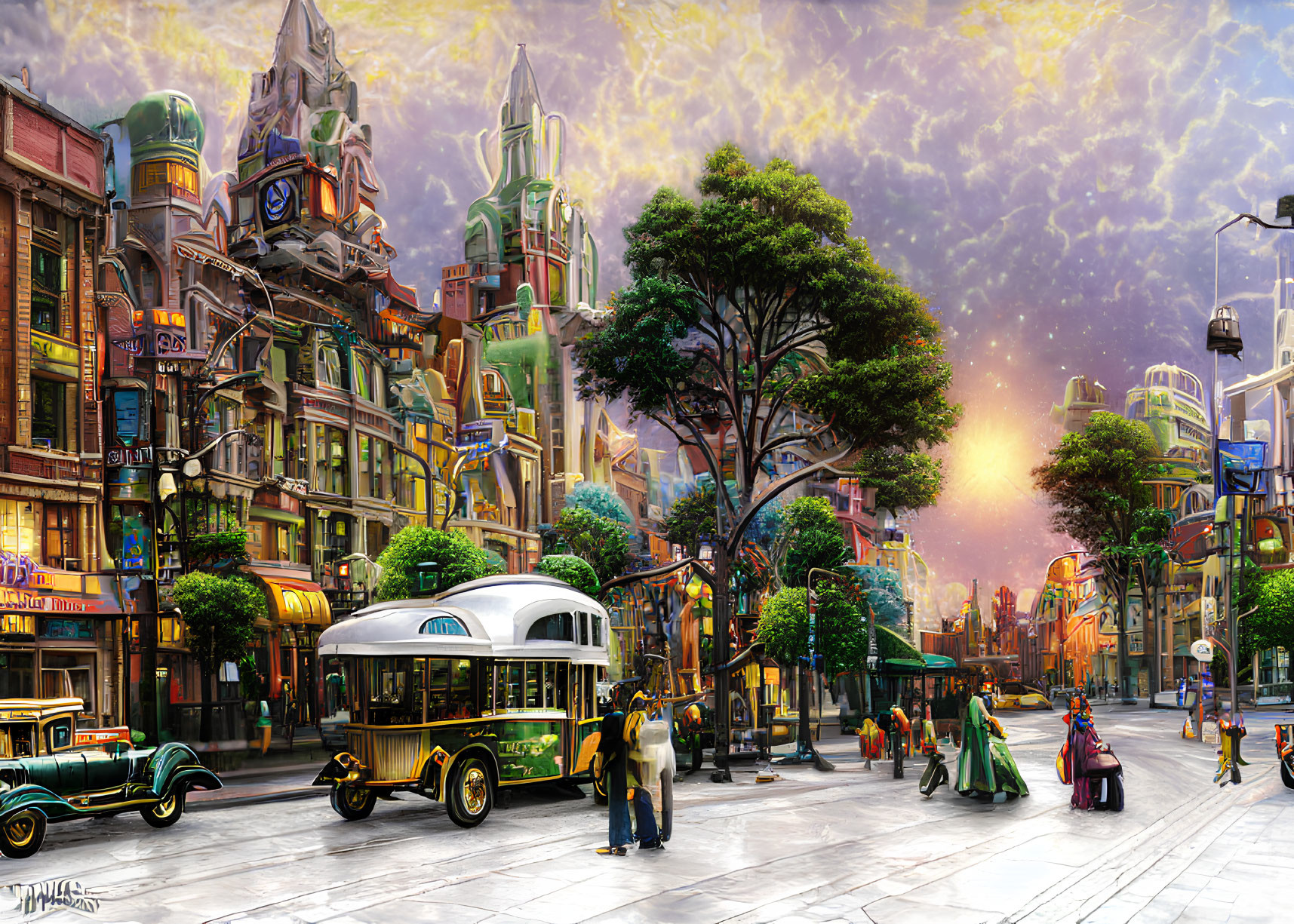 Retro-futuristic city street with vintage cars and tram under sunset sky