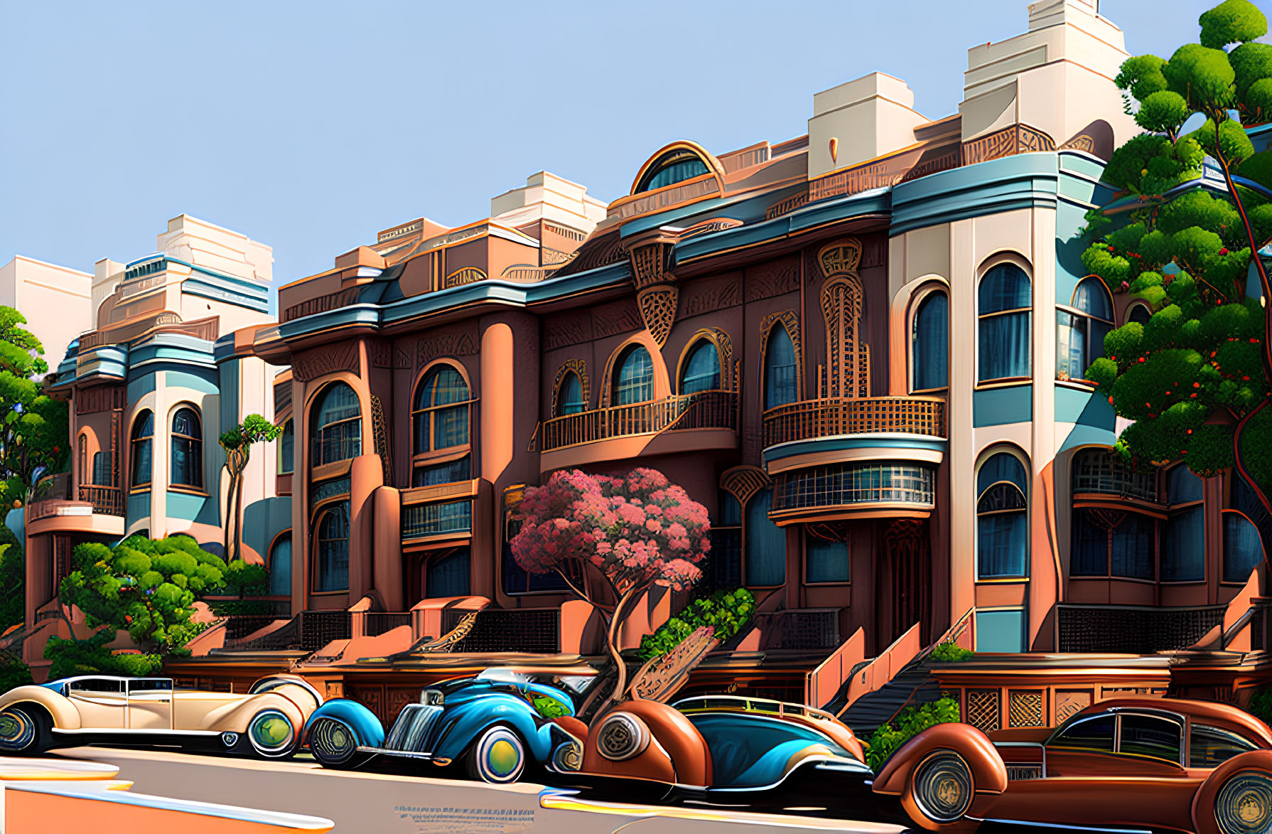 Vibrant Art Deco Architecture with Pastel Colors & Classic Cars