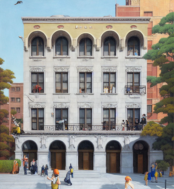 Detailed painting of classical building facade with people on balconies and vibrant street scene.