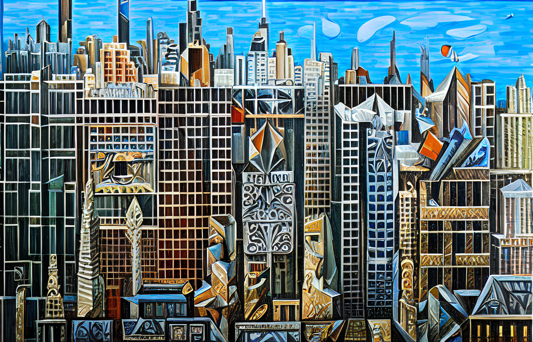 Abstract urban skyline painting with colorful, geometric skyscrapers under a blue sky.