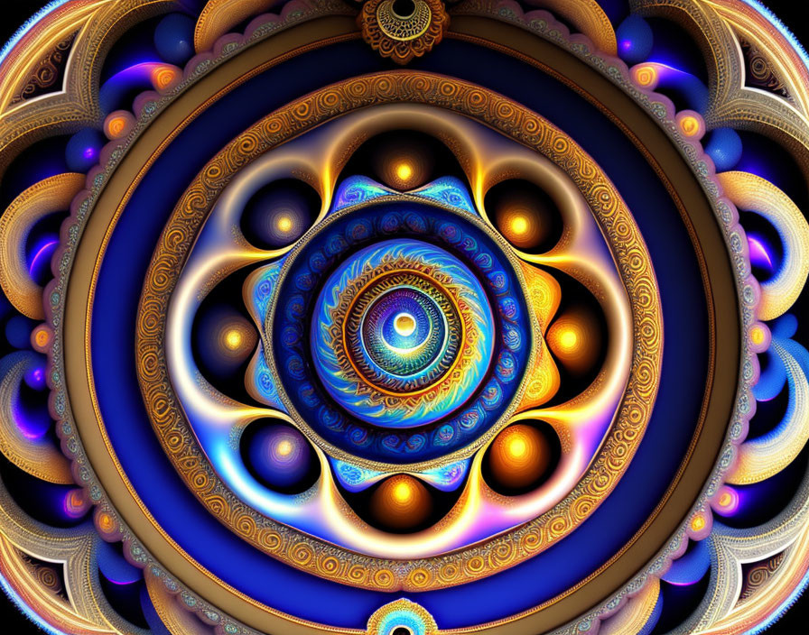 Colorful Fractal Art: Blue, Gold, and Purple Mandala with Concentric Circles