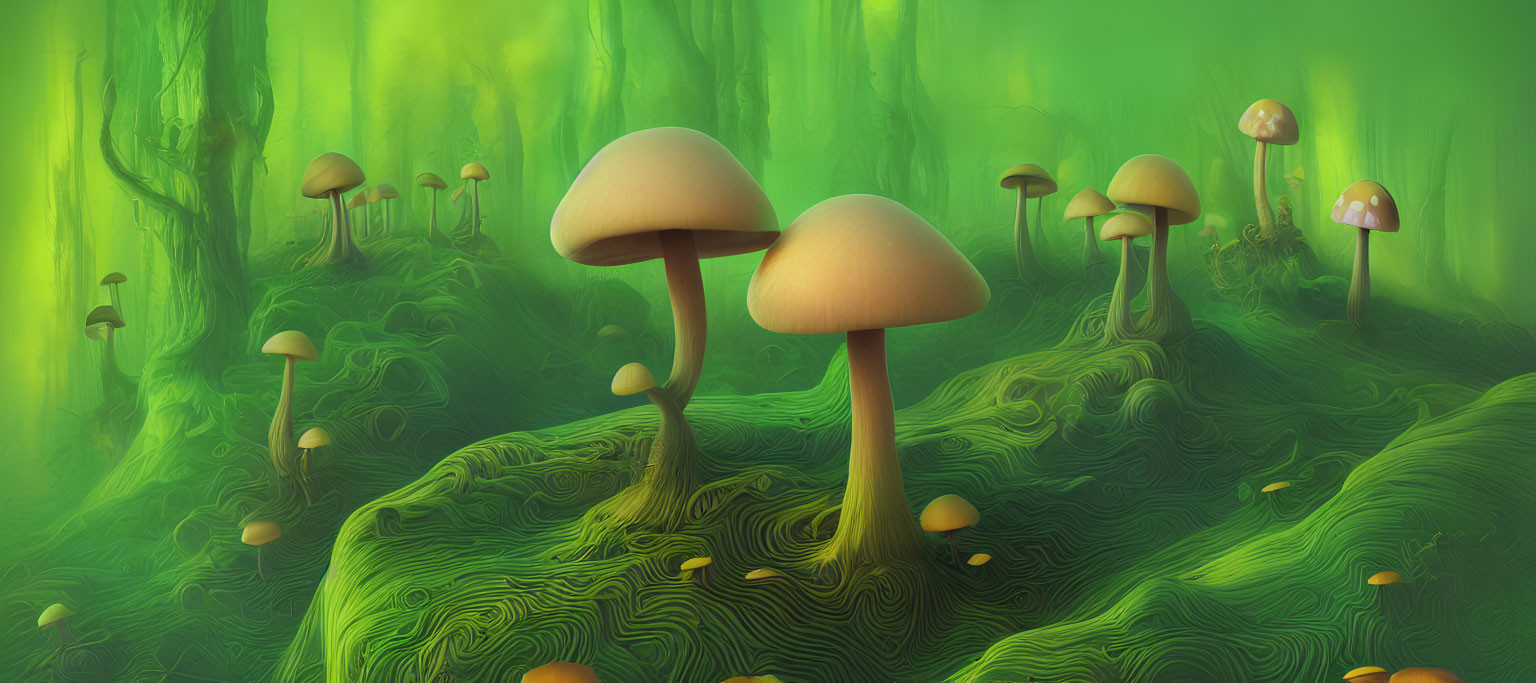 Fantastical forest scene with oversized mushrooms and swirling green hills.