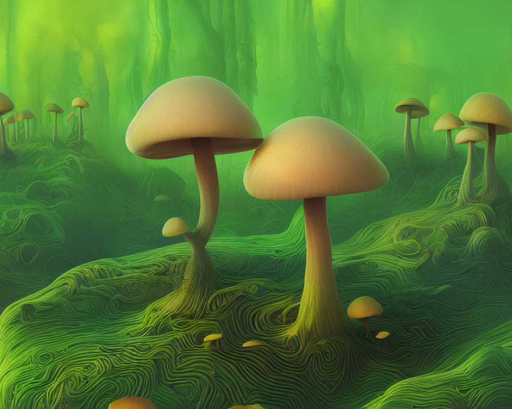 Fantastical forest scene with oversized mushrooms and swirling green hills.