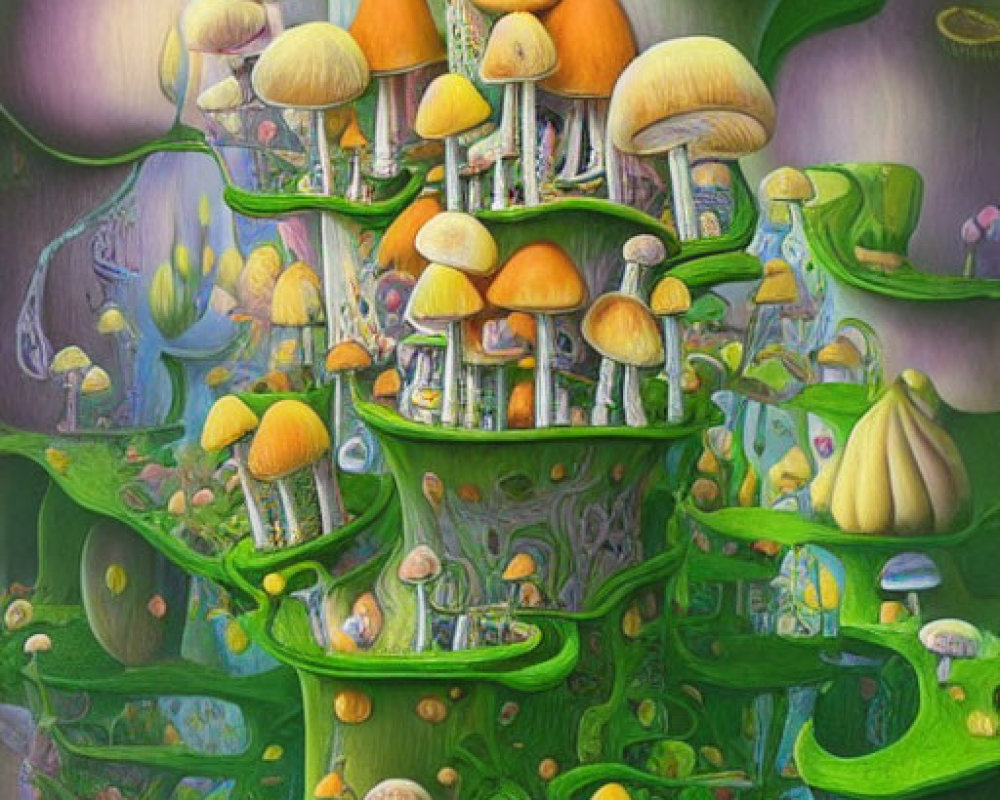 Colorful Psychedelic Artwork of Mushroom-Filled Landscape